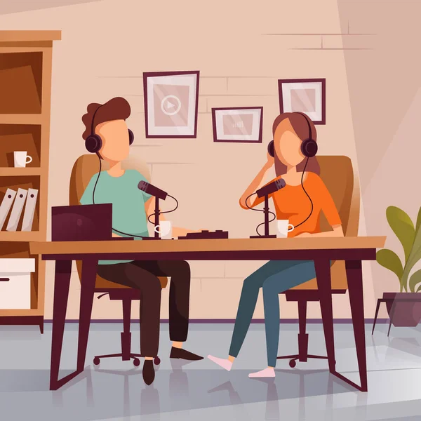 Üres podcasting stúdió mikrofonokkal, laptoppal, asztallal és székkel. Lapos vektor illusztráció. — Stock Vector