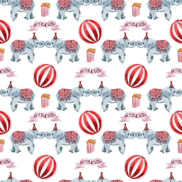 Watercolor seamless pattern with elephants and holiday paraphernalia, balloons, banners, magic wands, cotton candy and popcorn