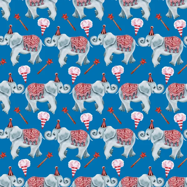 Watercolor seamless pattern with elephants and holiday paraphernalia, balloons, banners, magic wands, cotton candy and popcorn