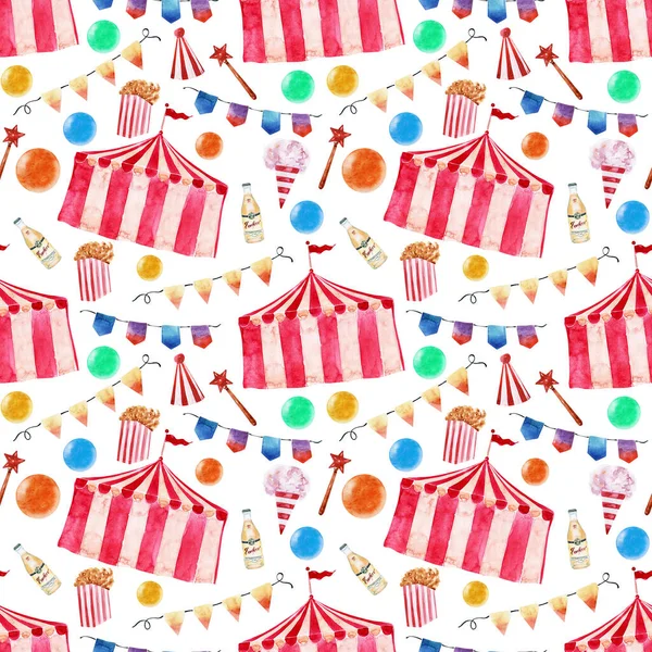 Watercolor seamless pattern with circus animals and holiday paraphernalia, balloons, banners, magic wands, cotton candy and popcorn