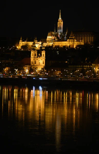Macaristan, Budapeşte, Balıkçı Kalesi manzaralı bir gece şehri.
