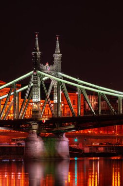 Budapeşte geceleri, Tuna Nehri üzerindeki Özgürlük Köprüsü, sudaki gece ışıklarının yansıması.