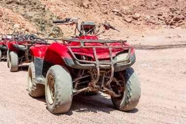 Mısır 'da çöldeki taşların arka planında kırmızı dörtlü grup.