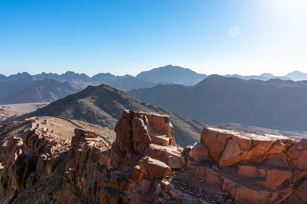 Egypt, trail to Mount Moses on a bright sunny day, mountain view