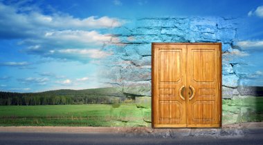 Çim, mavi gökyüzü ve çam ormanda bir alanla manzara