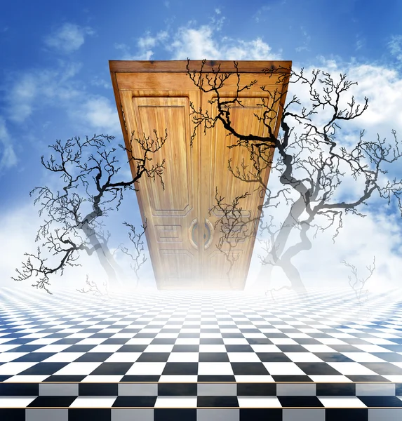 Paisagem ilusória com um piso de tabuleiro de xadrez, ramos nus de uma árvore e porta fechada de madeira — Fotografia de Stock