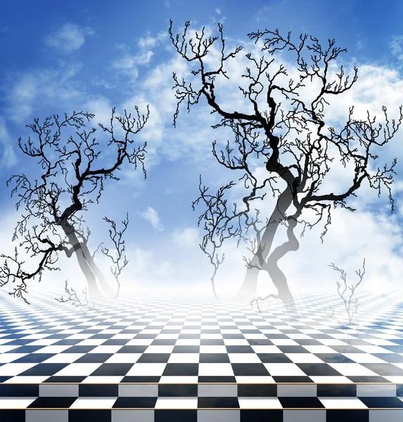 Illusionslandschaft mit Schachbrettboden und kahlen Ästen eines Baumes — Stockfoto