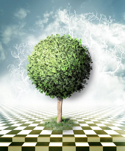 Green tree, blue sky with clouds and checkerboard floor, optical illusion — Stock Photo, Image