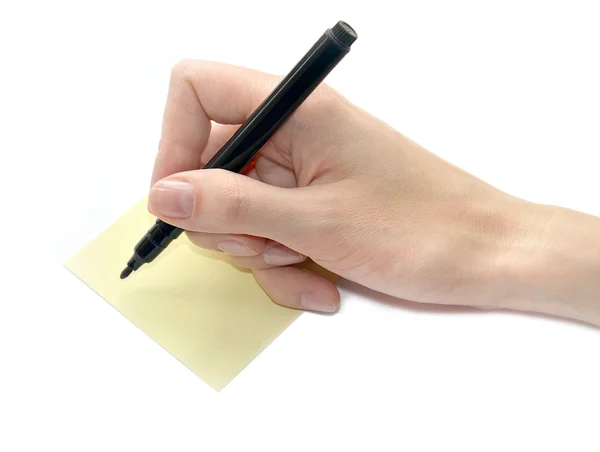 Female hand is ready for drawing with black marker and yellow leaf on a surface, Isolated on white Stock Photo