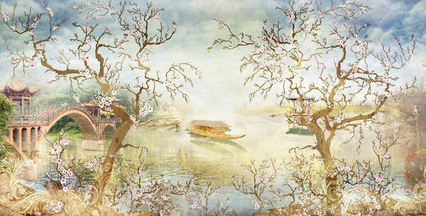 Aerial oriental landscape with curved cherry blossom trees, river, stone bridge and boat. Illustration of a wonderful summer day on the banks of a picturesque river.