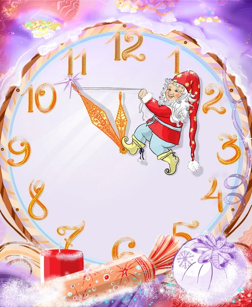 Christmas background, Christmas fabulous background with dwarf and big clock, illustration — Stock Photo, Image