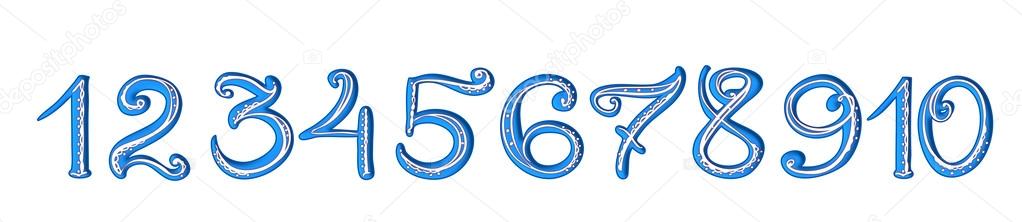 Handwritten blue numerals with white filigree decoration isolated on white