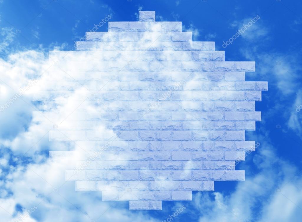 A fragment of a brick wall transparent against the blue sky with white clouds