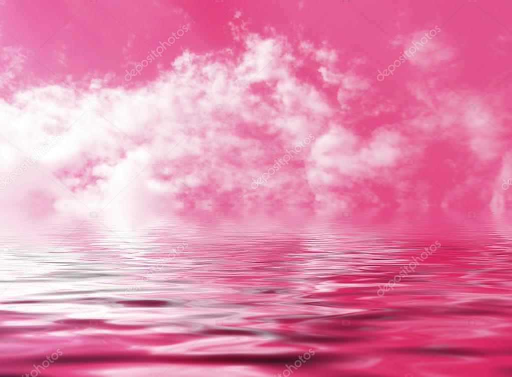 Pink sky with clouds reflected in the abstract fantasy water, gentle background of vanilla sugar wool