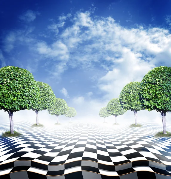 Illusive chess surface with green trees — Stock Photo, Image