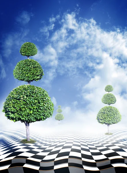 Green trees, blue sky with clouds and abstract fantasy checkerboard floor, optical illusion — Stock Photo, Image