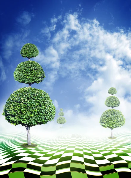 Green trees, blue sky with clouds and abstract fantasy checkerboard floor, optical illusion — Stock Photo, Image