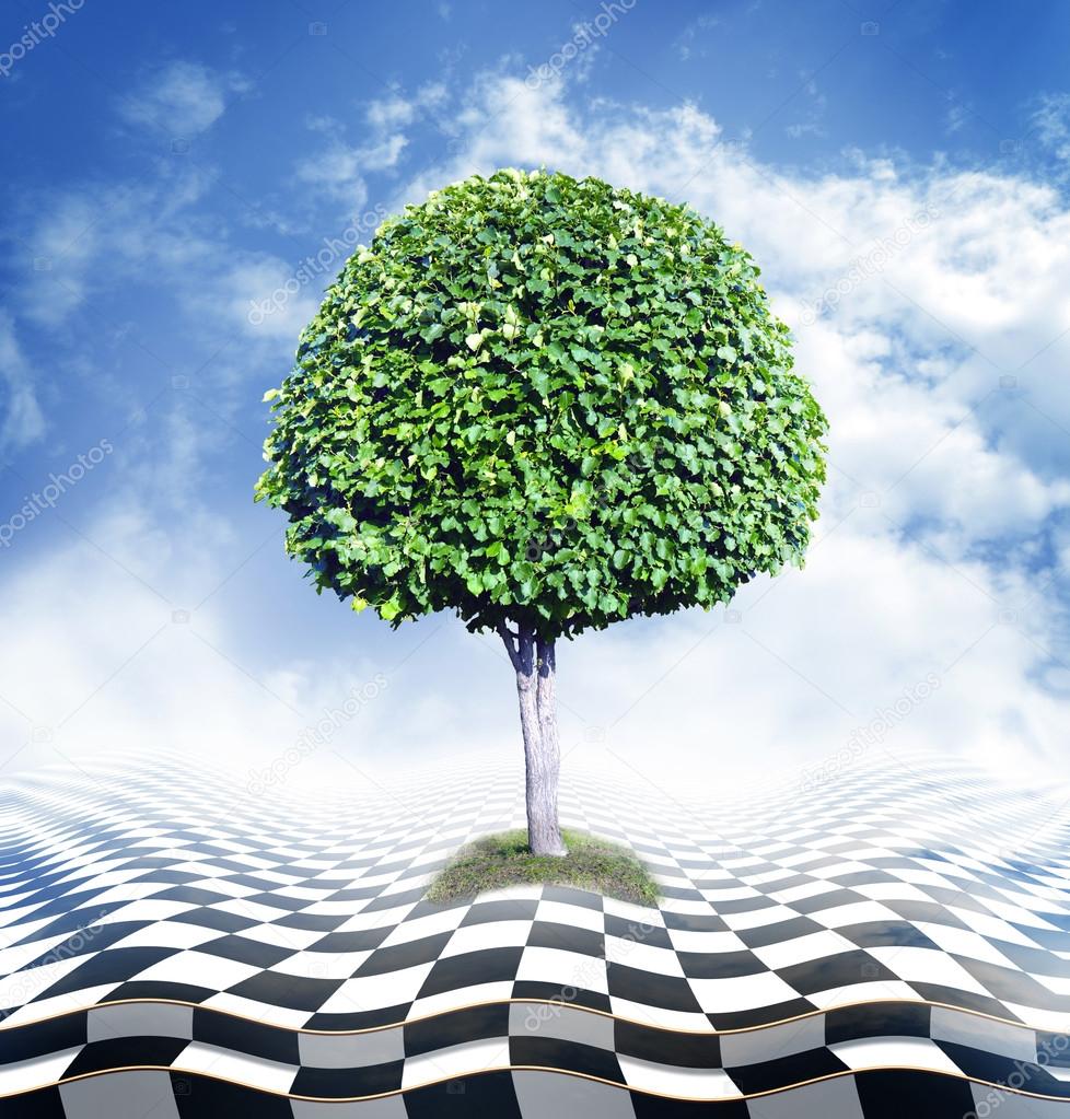 Green tree, blue sky with clouds and checkerboard floor, optical illusion