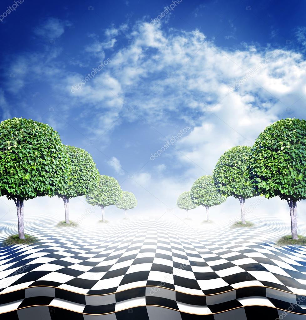 Illusive chess surface with green trees