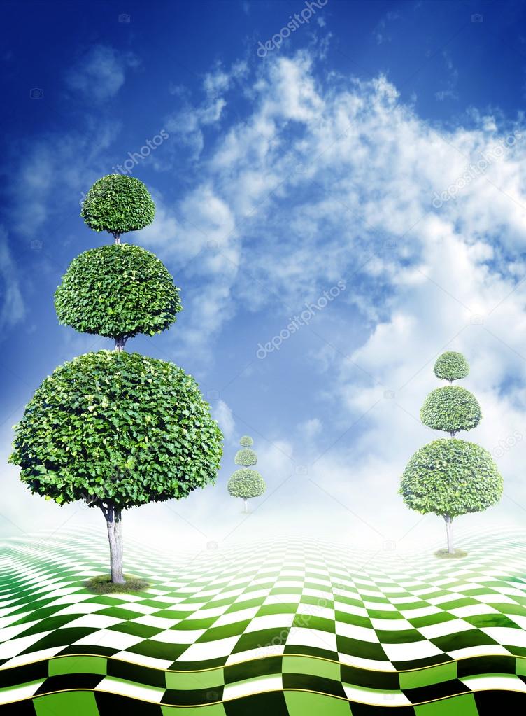 Green trees, blue sky with clouds and abstract fantasy checkerboard floor, optical illusion