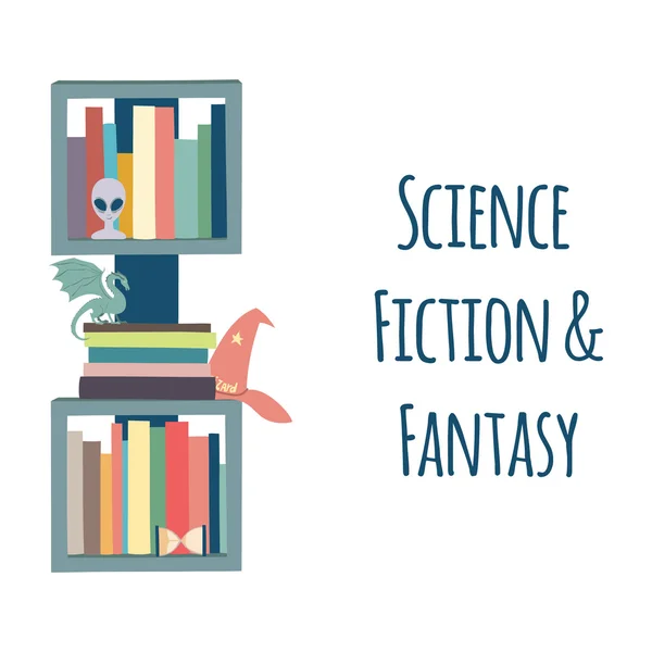 Boekenkasten "Science Fiction & Fantasy". — Stockvector