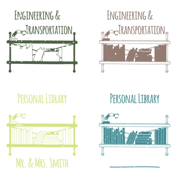 Exlibris in Form von Regalen mit Büchern. Kategorie "Technik & Transport"". — Stockvektor