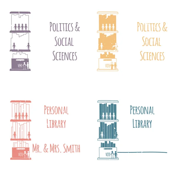 藏书在书架上的书的形式。该类别的"政治 & 社会科学". — 图库矢量图片