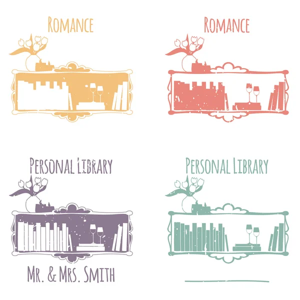 Ex-Libris en forma de estantes con libros. La categoría de "Romance ". Gráficos vectoriales