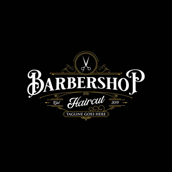 Design Del Logo Del Barbiere Vintage Lettering Illustrazione Sfondo Scuro — Vettoriale Stock