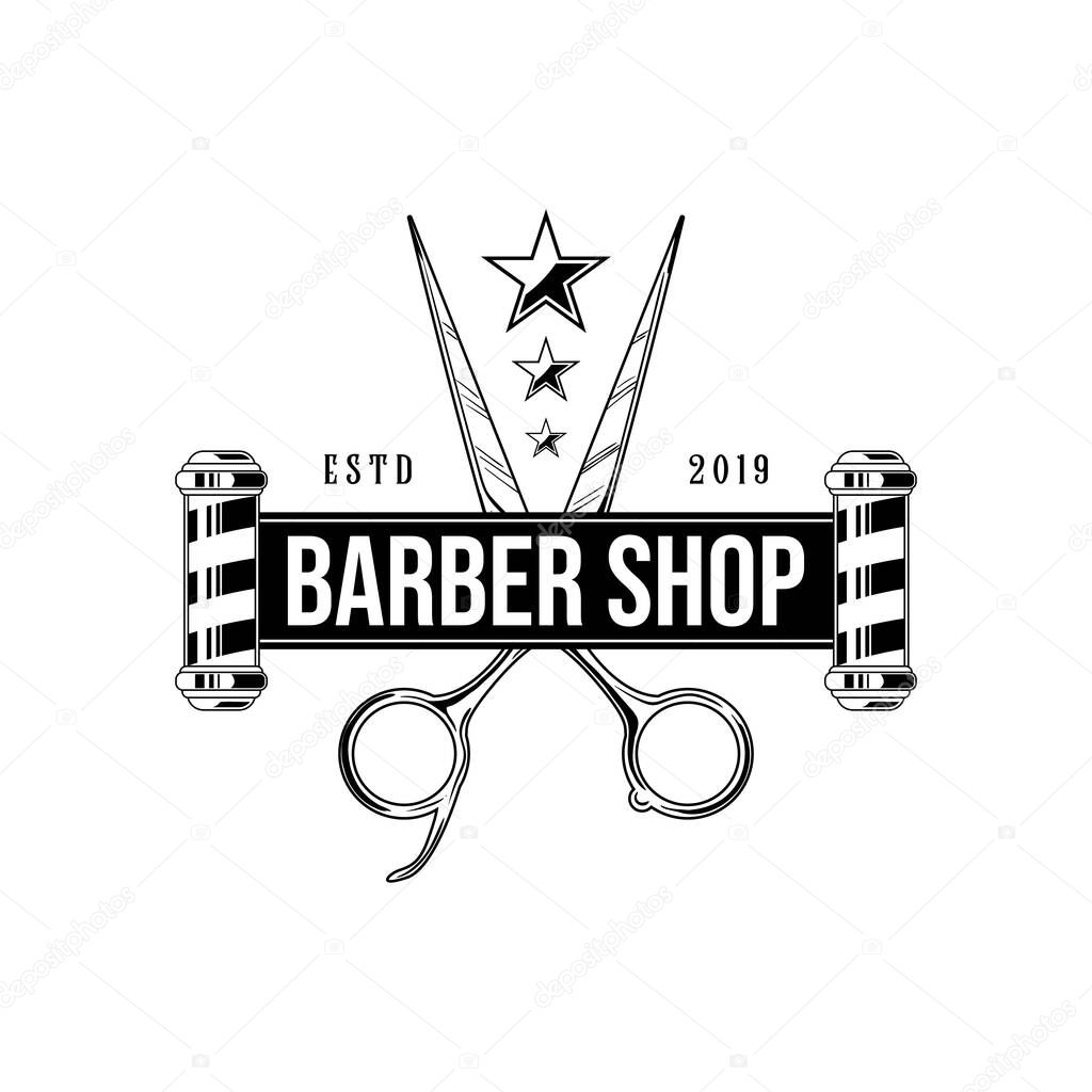 Barber shop vector vintage label, badge, or emblem on white background. Vector template