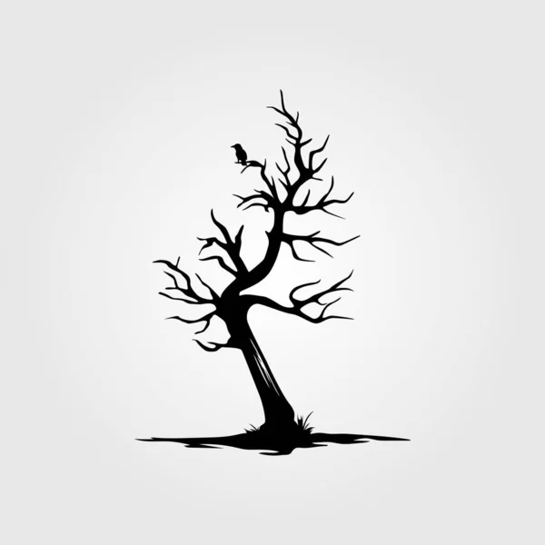 Винтажное Мертвое Дерево Одинокой Иллюстрацией Рисунка Силуэта Птицы — стоковый вектор