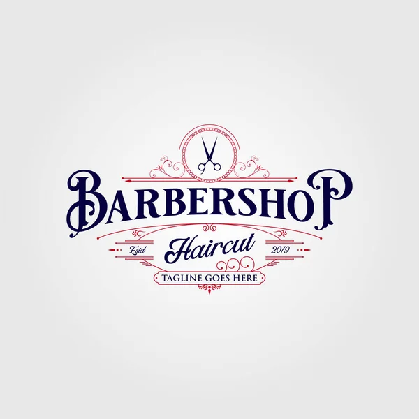 Design Del Logo Del Barbiere Vintage Lettering Illustrazione Sfondo Scuro — Vettoriale Stock