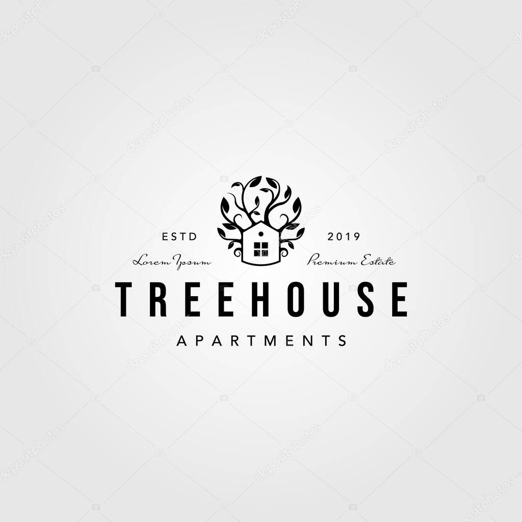 Vintage tree house logo nature vector illustration design