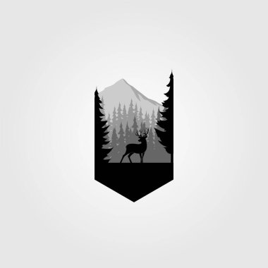 Dağ macerasında vahşi geyik. Beyaz arka planda izole edilmiş siluet. Etiketler, Rozetler, Logolar ve diğer Tasarım için vektör nesnesi. Geyik Logosu, Avcı Logosu, Geyik Avı, Retro logosu