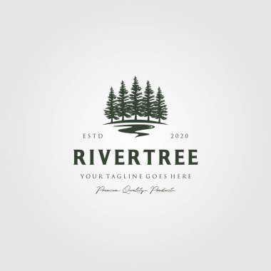 evergreen pine tree logo vintage with river creek vector emblem illustration design clipart