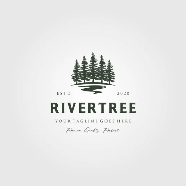 Evergreen Pinho Árvore Logotipo Vintage Com Rio Riacho Vetor Emblema —  Vetores de Stock