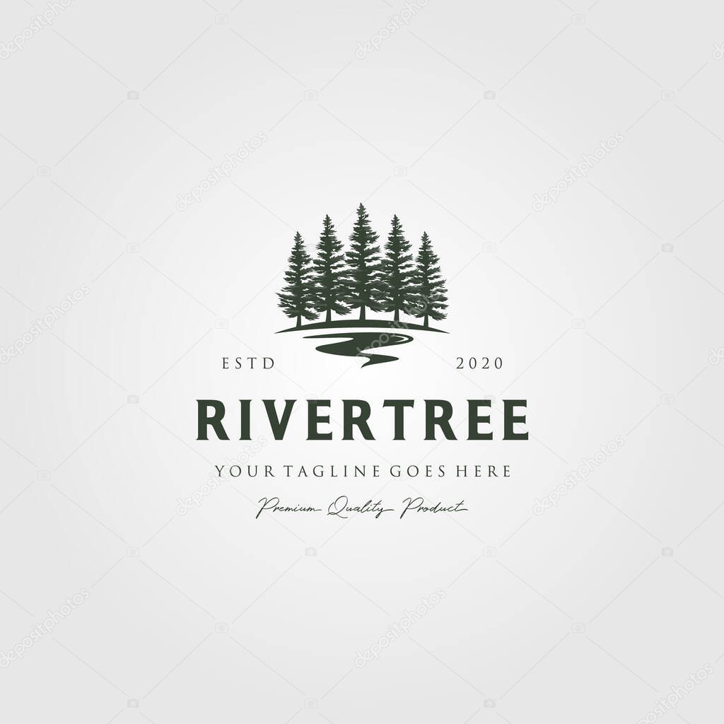 Evergreen pine tree logo vintage with river creek vector emblem illustration design