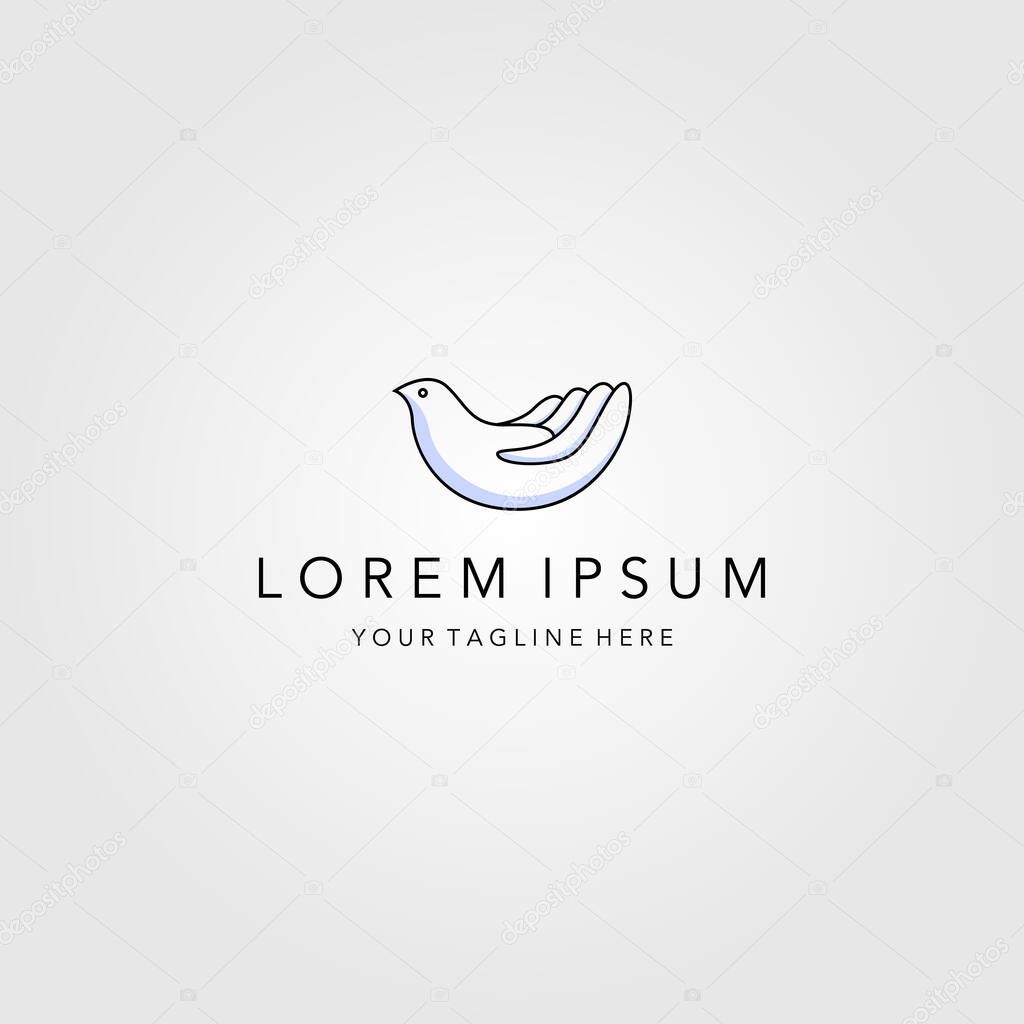 Line art bird on hand logo minimalist vector emblem illustration design