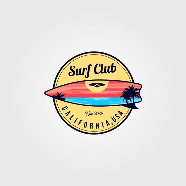 Surf Board Logo Con Vista Mare Vettoriale Illustrazione Design — Vettoriale Stock