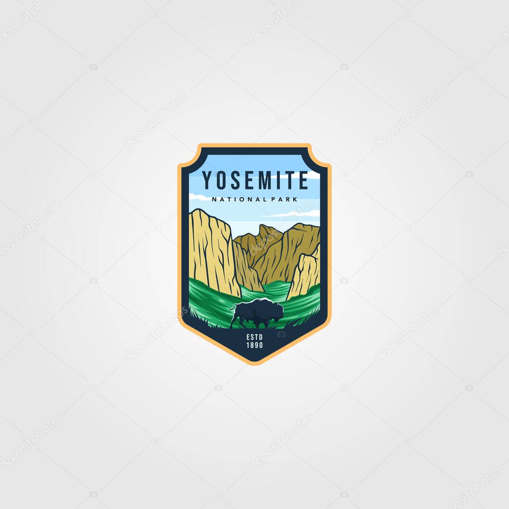 Wild bison on yosemite national park logo outdoor vector illustration