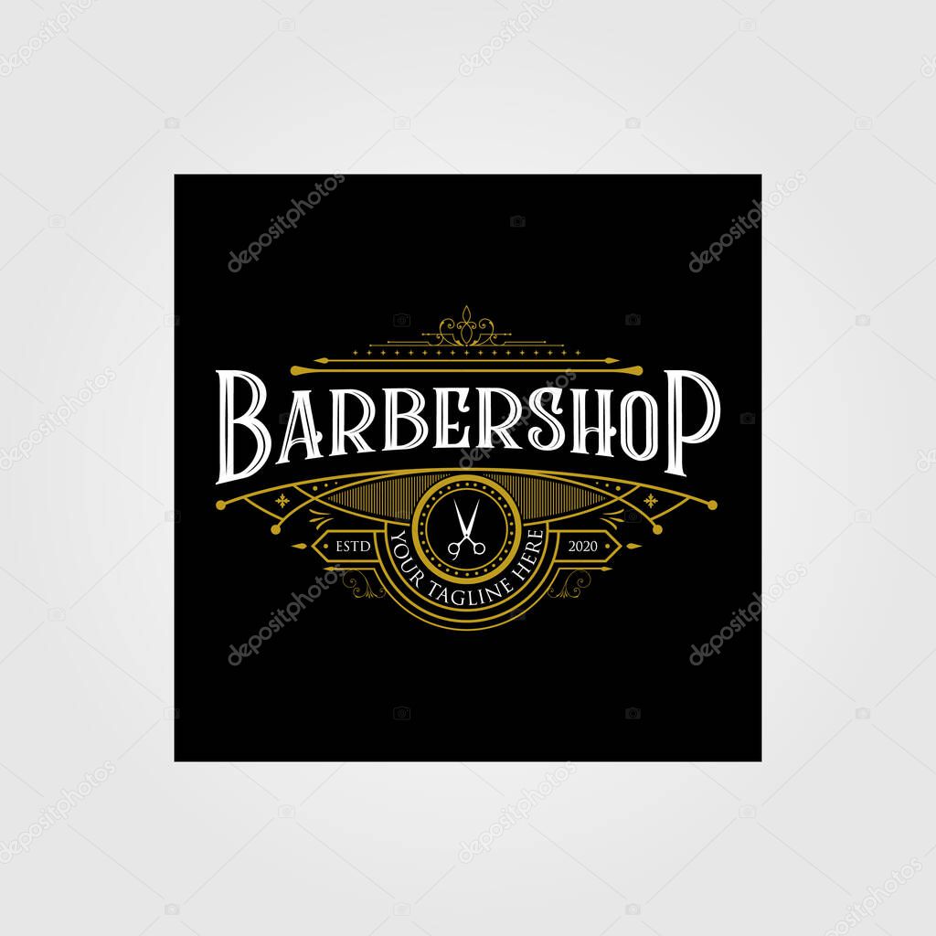 Barbershop vintage logo design. Vintage lettering premium illustration on dark background.