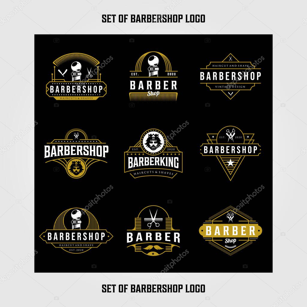 Set of Barbershop logo design. Vintage lettering illustration on dark background.