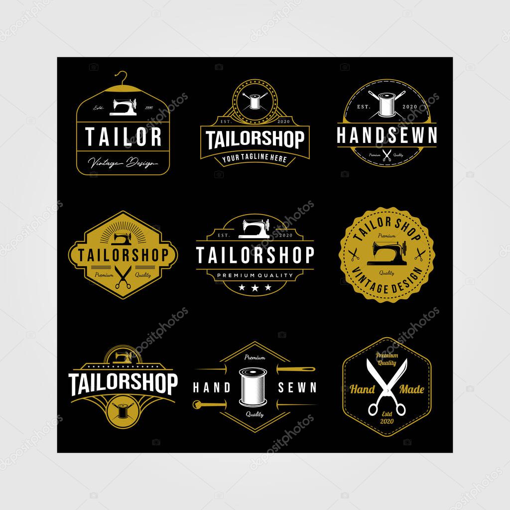 Set of vintage tailor shop sewn logo on dark background vector hand made illustration