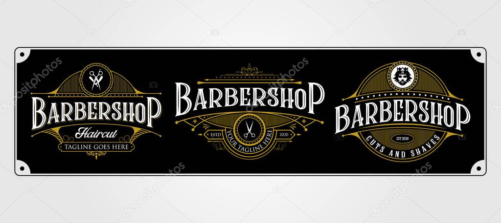 Set of Barbershop vintage logo design. Vintage lettering premium illustration on dark background.