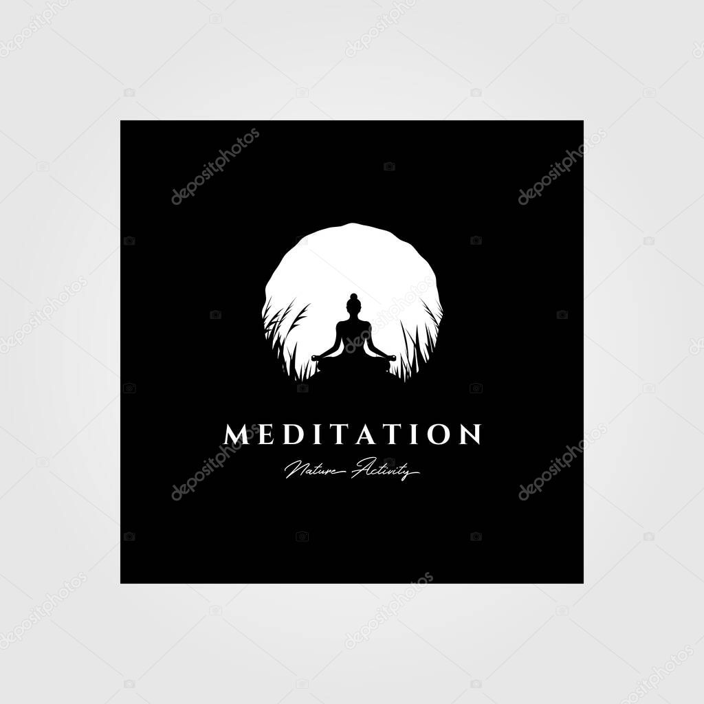 Yoga meditation logo vector moon background illustration design, vintage logo style