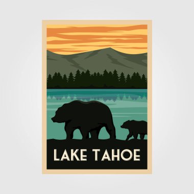 Tahoe Gölü Ulusal Parkı vintage poster tasarımı, vahşi ayı posteri