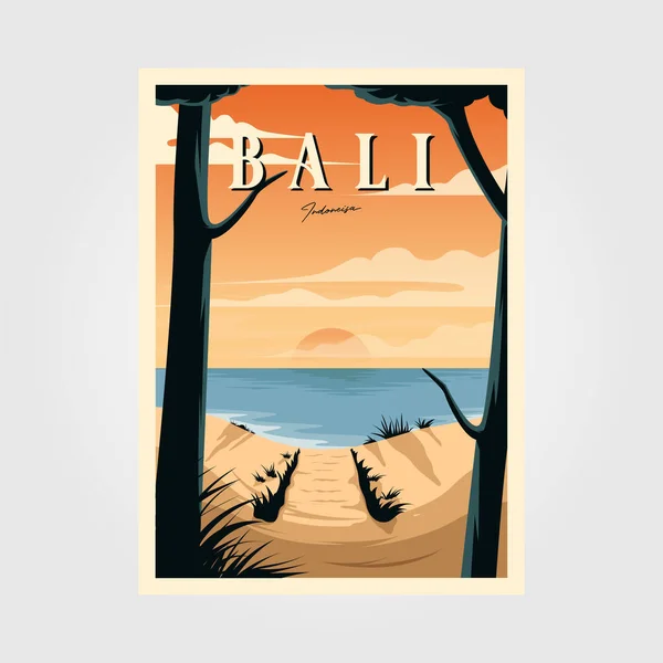 Bali Praia Pôr Sol Vintage Viagem Cartaz Vetor Ilustração Design —  Vetores de Stock