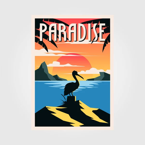 Paradis Strand Vintage Affisch Vektor Pelikan Fågel Illustration Design — Stock vektor