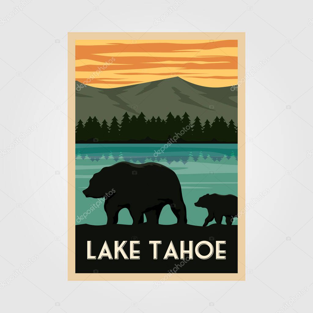 lake tahoe national park vintage poster outdoor vector illustration design, wild bear poster