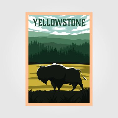 Yellowstone Ulusal Park Vintage poster illüstrasyonu, seyahat poster tasarımı üzerine bizon